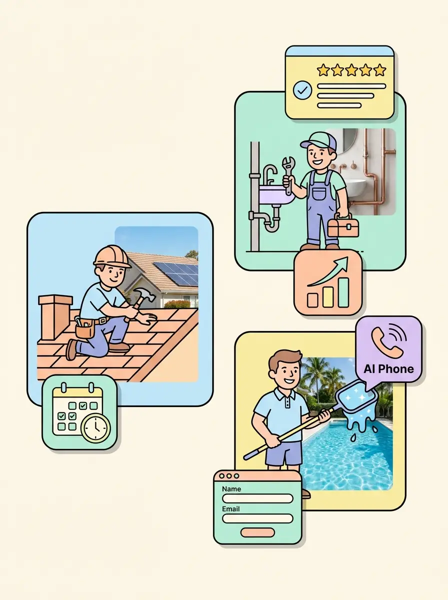 Current-style website, booking, review and growth cards for local service businesses