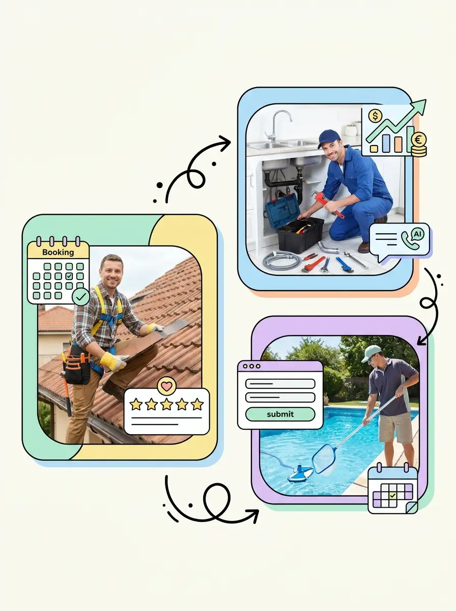 Roofer, plumber and pool service businesses with Current-style automation, reviews, booking and growth overlays